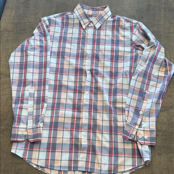 Mizzen+Main Men's XL Trim Fit Plaid Shirt - Pink, Peach & Gray Plaid - Picture 2 of 6